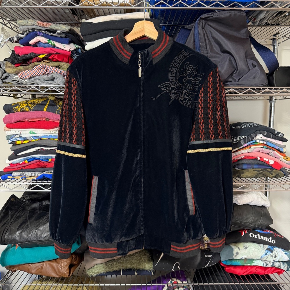 OUKAYA Bomber Jacket Women's XXL Black Dragon Embroidered Velvet Full Zip Jacket